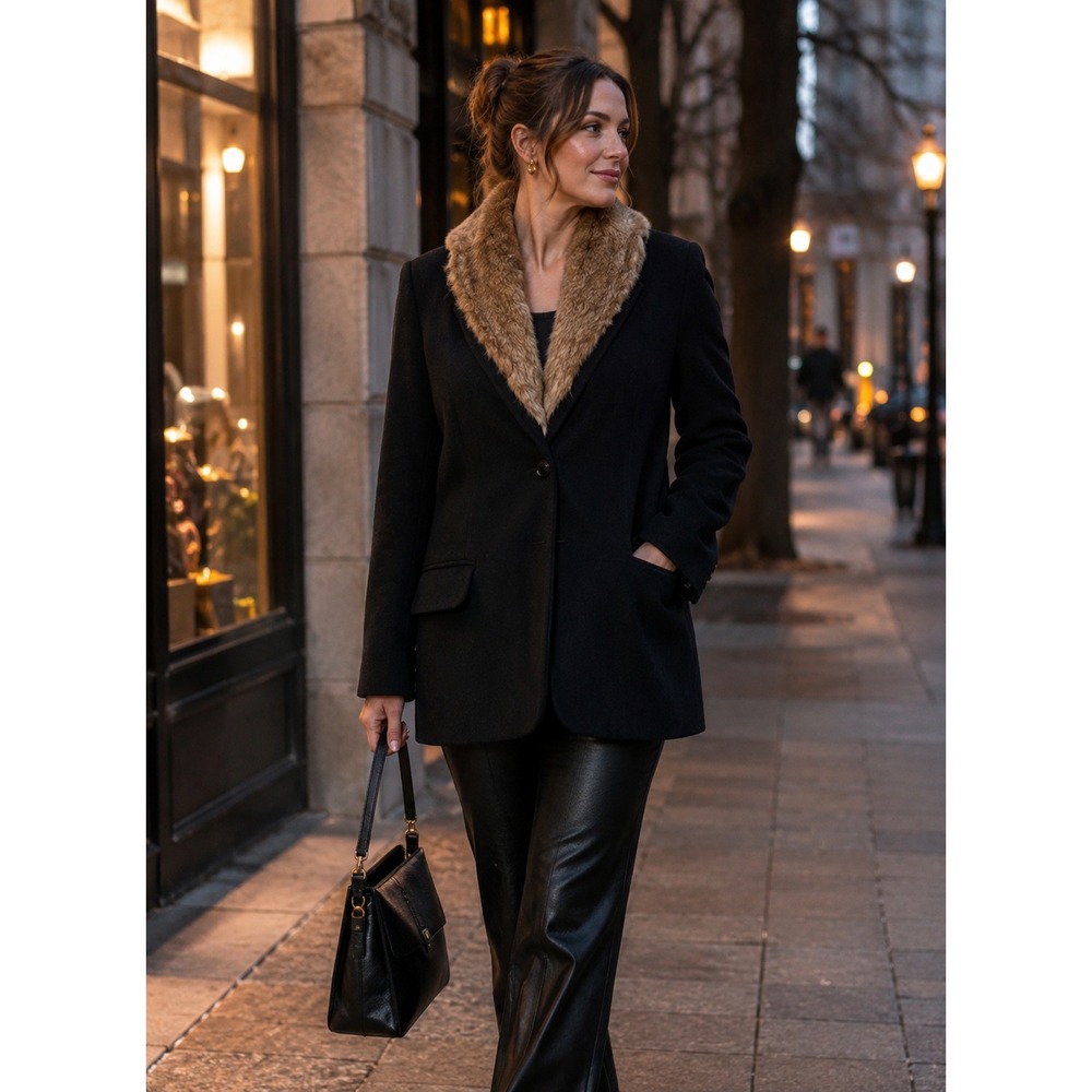 Elizabeth and James Black Wool Coat with Genuine Rabbit Fur Lining